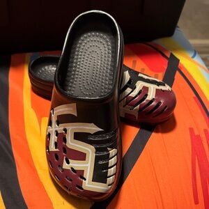 Black and Maroon Slip-On Clogs